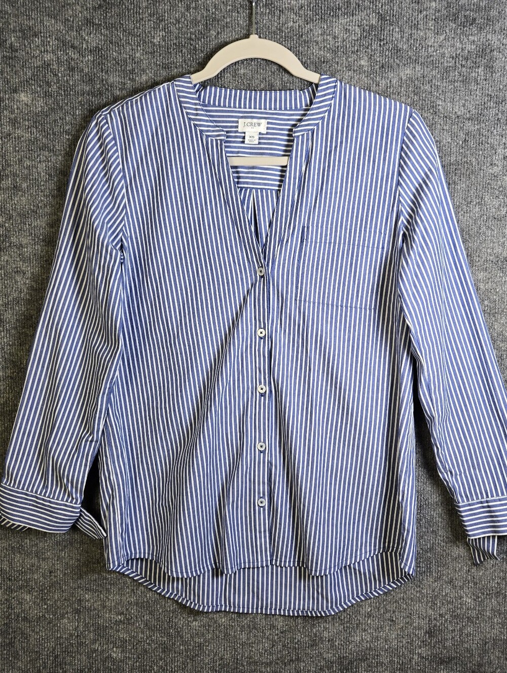 J Crew Top Womens XS Blue Cotton Pin Stripe Tie Sleeve Button Up